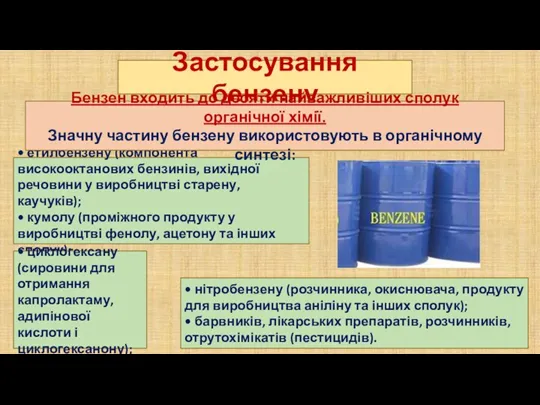 Застосування бензену • етилбензену (компонента високооктанових бензинів, вихідної речовини у