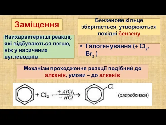 Заміщення Бензенове кільце зберігається, утворюються похідні бензену Найхарактерніші реакції, які