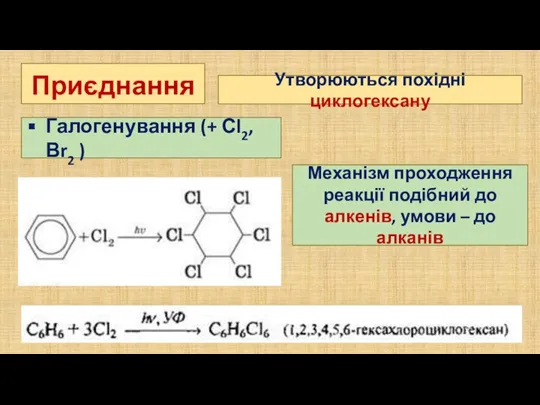 Приєднання Галогенування (+ Сl2, Вr2 ) Утворюються похідні циклогексану Механізм