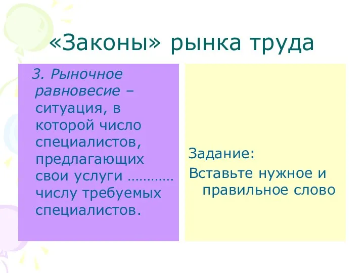 «Законы» рынка труда 3. Рыночное равновесие – ситуация, в которой