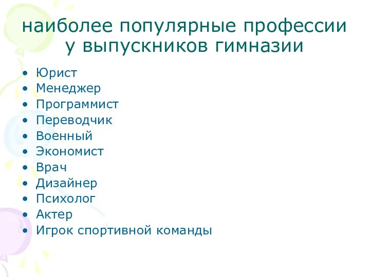 наиболее популярные профессии у выпускников гимназии Юрист Менеджер Программист Переводчик