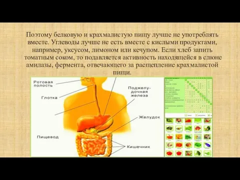 Поэтому белковую и крахмалистую пищу лучше не употреблять вместе. Углеводы лучше не есть