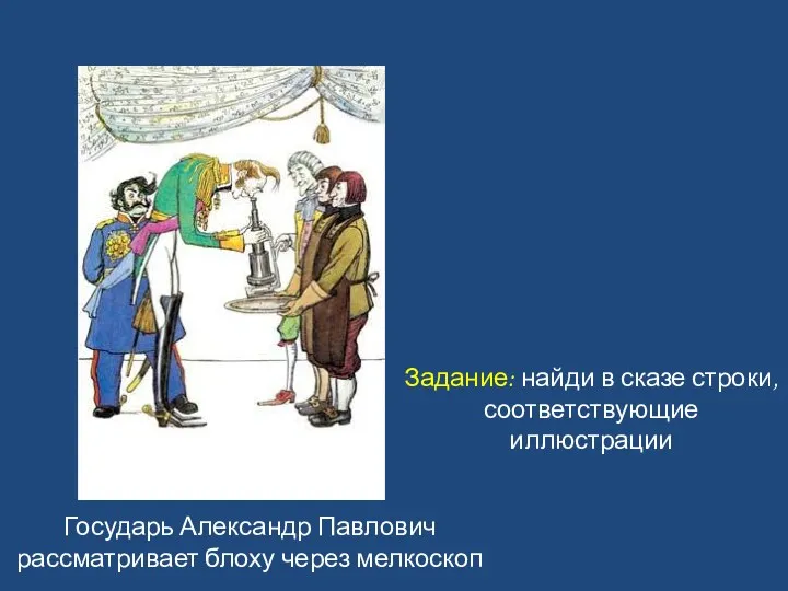 Государь Александр Павлович рассматривает блоху через мелкоскоп Задание: найди в сказе строки, соответствующие иллюстрации
