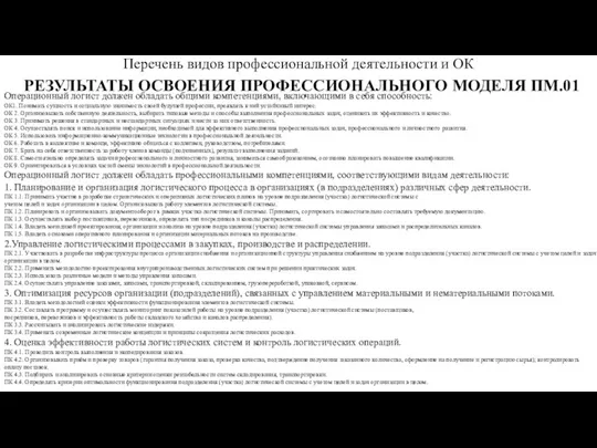 Перечень видов профессиональной деятельности и ОК РЕЗУЛЬТАТЫ ОСВОЕНИЯ ПРОФЕССИОНАЛЬНОГО МОДЕЛЯ