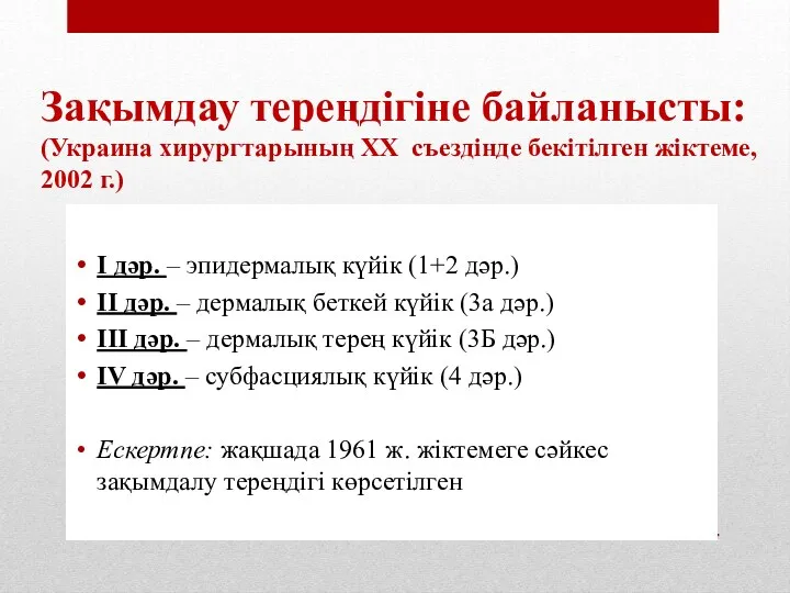 Зақымдау тереңдігіне байланысты: (Украина хирургтарының XX съездінде бекітілген жіктеме, 2002