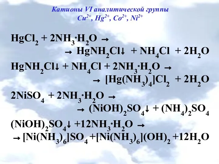 Катионы VI аналитической группы Cu2+, Hg2+, Co2+, Ni2+ HgCl2 +