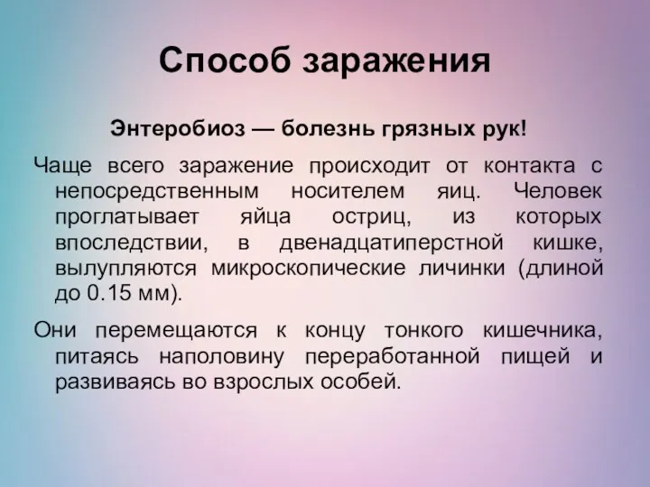 Способ заражения Энтеробиоз — болезнь грязных рук! Чаще всего заражение