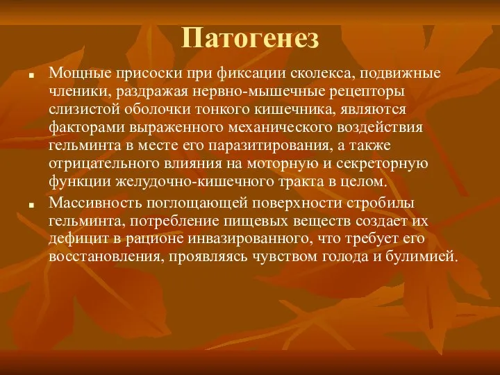 Патогенез Мощные присоски при фиксации сколекса, подвижные членики, раздражая нервно-мышечные