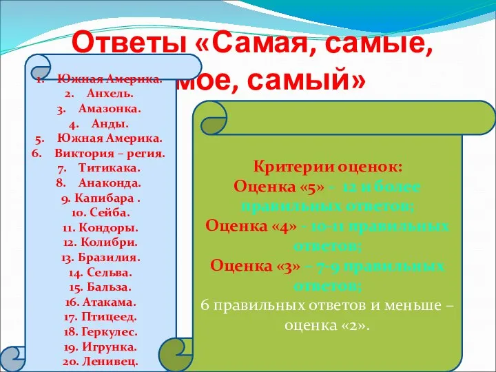 Ответы «Самая, самые, самое, самый» Южная Америка. Анхель. Амазонка. Анды.