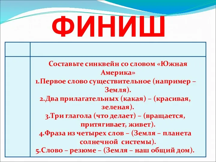 ФИНИШ Составьте синквейн со словом «Южная Америка» Первое слово существительное