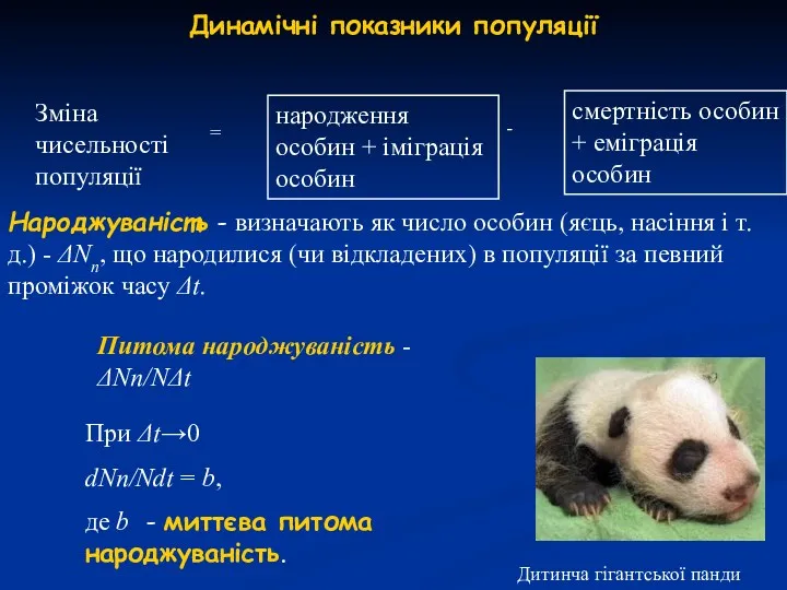 Динамічні показники популяції Народжуваність - визначають як число особин (яєць,