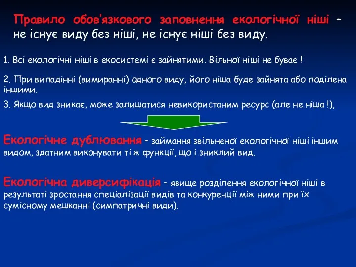 Правило обов’язкового заповнення екологічної ніші – не існує виду без