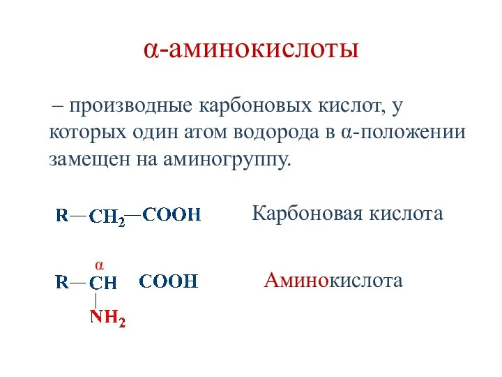 α-аминокислоты – производные карбоновых кислот, у которых один атом водорода