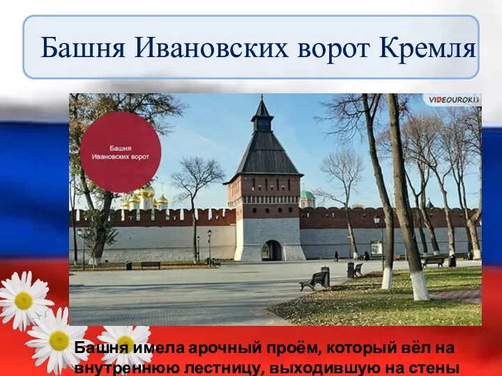 Башня Ивановских ворот Кремля Башня имела арочный проём, который вёл
