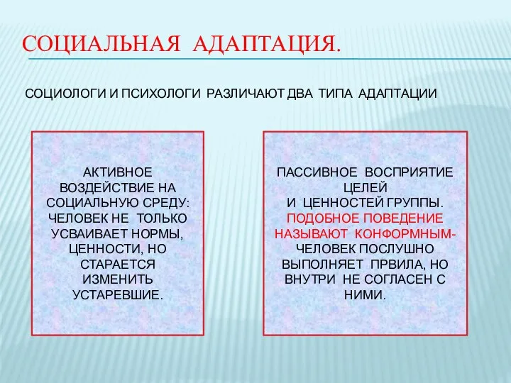 СОЦИАЛЬНАЯ АДАПТАЦИЯ. СОЦИОЛОГИ И ПСИХОЛОГИ РАЗЛИЧАЮТ ДВА ТИПА АДАПТАЦИИ АКТИВНОЕ ВОЗДЕЙСТВИЕ НА СОЦИАЛЬНУЮ