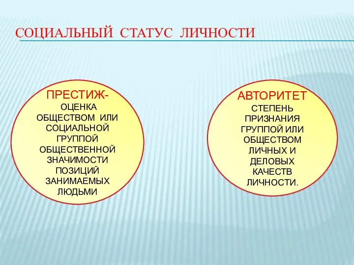 СОЦИАЛЬНЫЙ СТАТУС ЛИЧНОСТИ ПРЕСТИЖ- ОЦЕНКА ОБЩЕСТВОМ ИЛИ СОЦИАЛЬНОЙ ГРУППОЙ ОБЩЕСТВЕННОЙ ЗНАЧИМОСТИ ПОЗИЦИЙ ЗАНИМАЕМЫХ