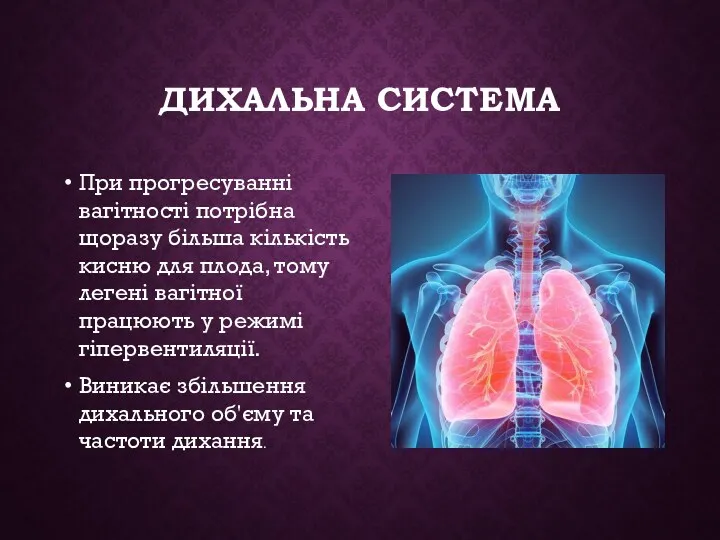 ДИХАЛЬНА СИСТЕМА При прогресуванні вагітності потрібна щоразу більша кількість кисню