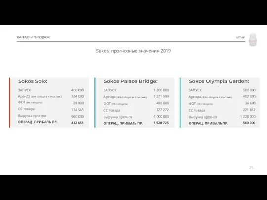 Ожидаемый рост оборота 2019 – до 45% КАНАЛЫ ПРОДАЖ small Sokos: прогнозные значения 2019