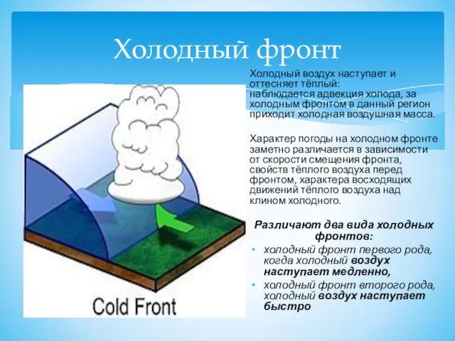 Холодный фронт Холодный воздух наступает и оттесняет тёплый: наблюдается адвекция