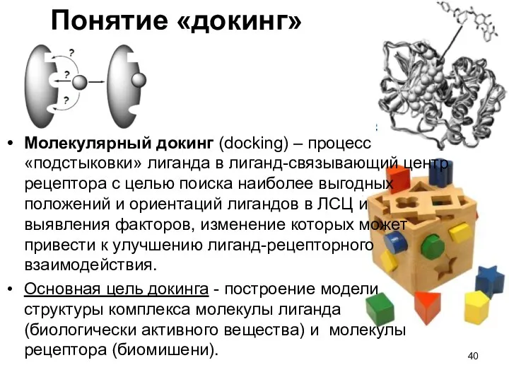 Понятие «докинг» Молекулярный докинг (docking) – процесс «подстыковки» лиганда в