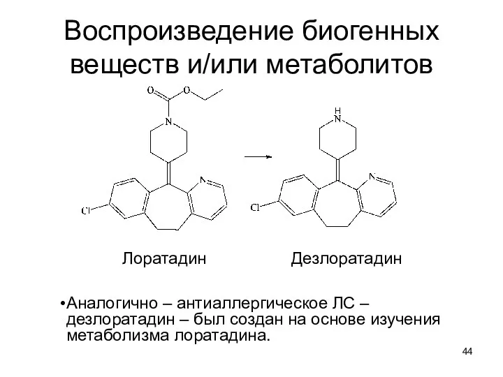 Воспроизведение биогенных веществ и/или метаболитов Лоратадин Дезлоратадин Аналогично – антиаллергическое