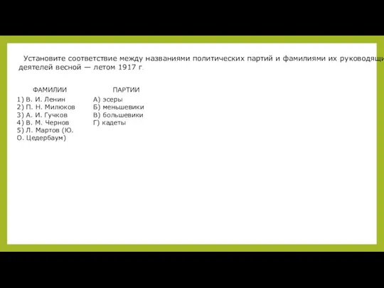 Уста­но­ви­те соответствие между названиями политических партий и фамилиями их руководящих деятелей весной — летом 1917 г.