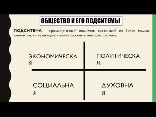 ОБЩЕСТВО И ЕГО ПОДСИТЕМЫ ПОДСИТЕМА – промежуточный комплекс, состоящий из