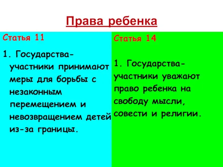 Права ребенка Статья 11 1. Государства-участники принимают меры для борьбы