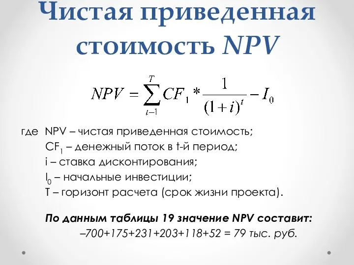 Чистая приведенная стоимость NPV где NPV – чистая приведенная стоимость; СF1 – денежный