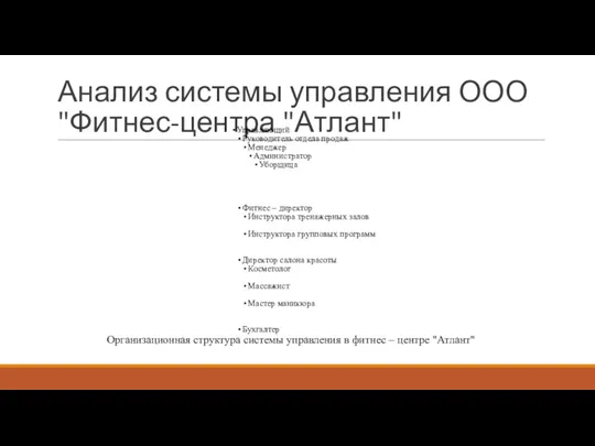 Анализ системы управления ООО "Фитнес-центра "Атлант" Управляющий Руководитель отдела продаж