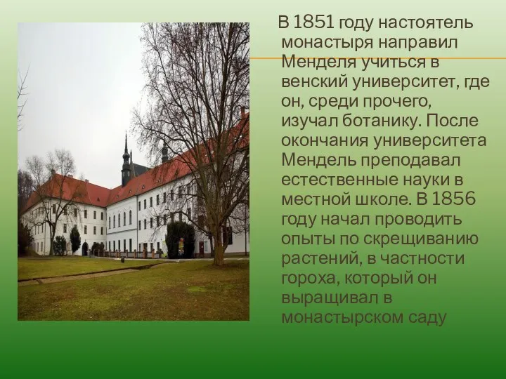 В 1851 году настоятель монастыря направил Менделя учиться в венский