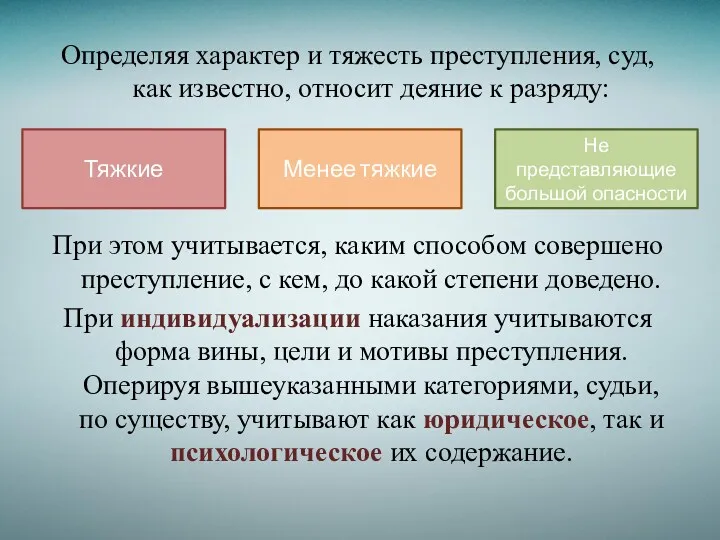 Определяя характер и тяжесть преступления, суд, как известно, относит деяние