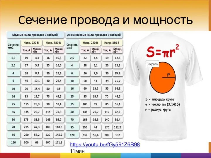 Cечение провода и мощность https://youtu.be/fGy591Z6B98 11мин