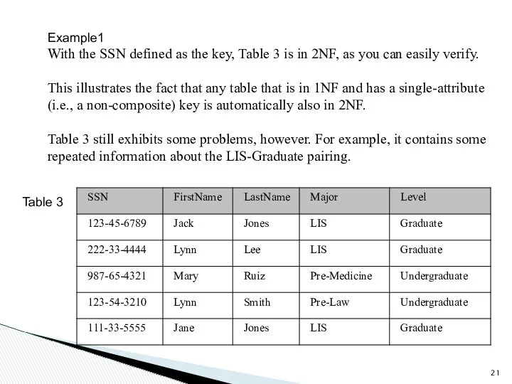 Example1 With the SSN defined as the key, Table 3 is in 2NF,