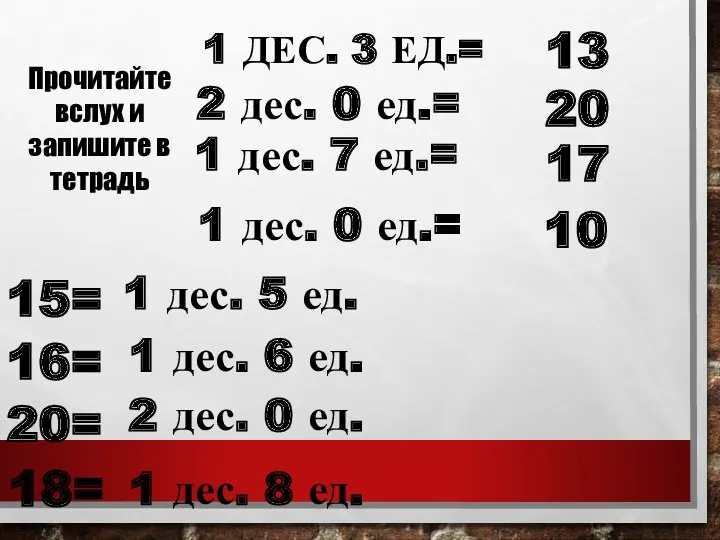 1 ДЕС. 3 ЕД.= 13 2 дес. 0 ед.= 20