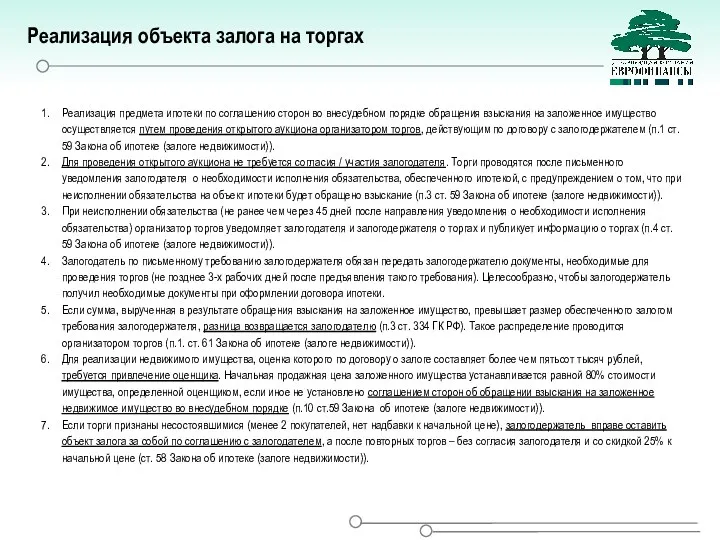 Реализация объекта залога на торгах Реализация предмета ипотеки по соглашению