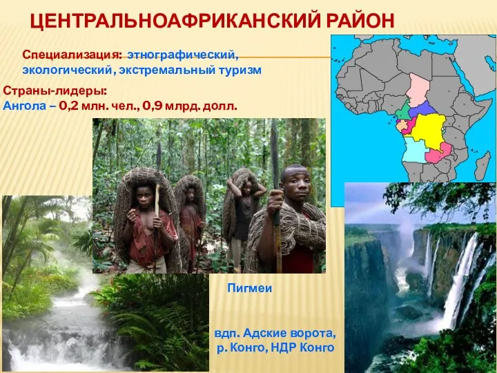 ЦЕНТРАЛЬНОАФРИКАНСКИЙ РАЙОН Специализация: этнографический, экологический, экстремальный туризм Страны-лидеры: Ангола –