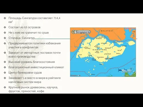 Площадь Сингапура составляет 714,4 км2 Состоит из 63 островов Ни