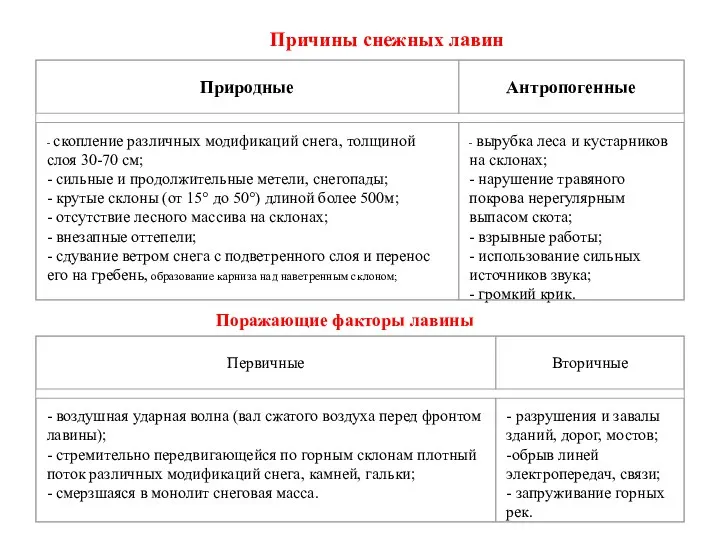 Причины снежных лавин Поражающие факторы лавины