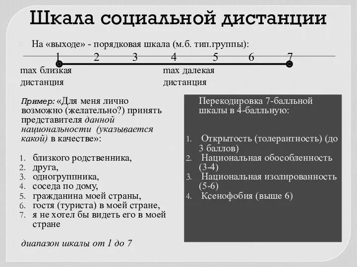 Шкала социальной дистанции На «выходе» - порядковая шкала (м.б. тип.группы):