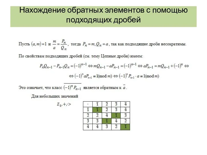 Нахождение обратных элементов с помощью подходящих дробей