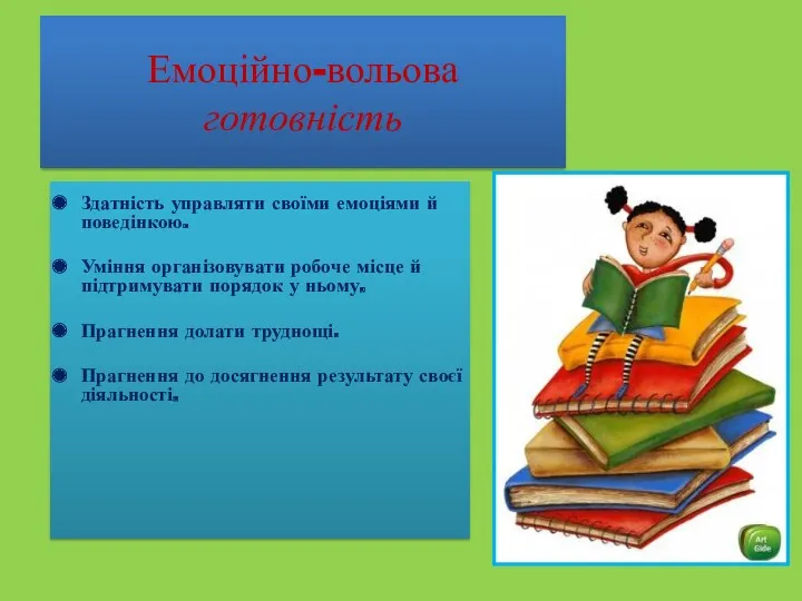 Емоційно-вольова готовність Здатність управляти своїми емоціями й поведінкою. Уміння організовувати