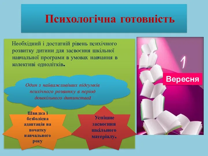 Психологічна готовність Необхідний і достатній рівень психічного розвитку дитини для