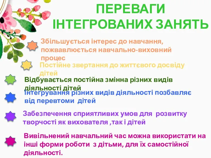 ПЕРЕВАГИ ІНТЕГРОВАНИХ ЗАНЯТЬ Збільшується інтерес до навчання, пожвавлюється навчально-виховний процес