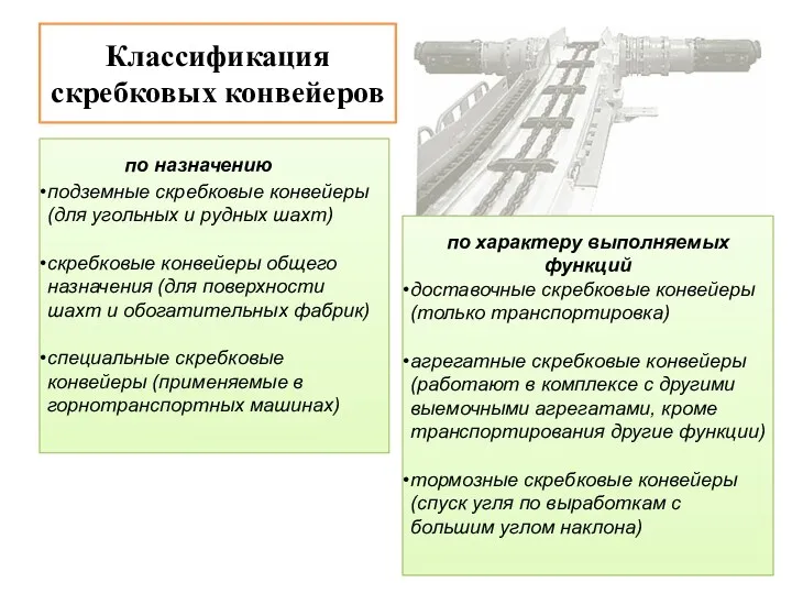 по назначению подземные скребковые конвейеры (для угольных и рудных шахт)