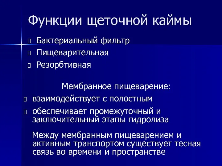 Функции щеточной каймы Бактериальный фильтр Пищеварительная Резорбтивная Мембранное пищеварение: взаимодействует