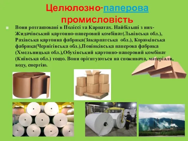 Целюлозно-паперова промисловість Вони розташовані в Поліссі та Карпатах. Найбільші з