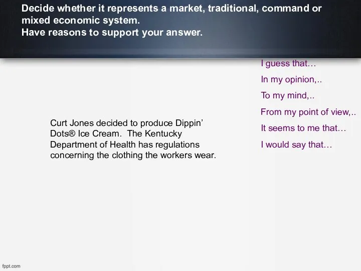 Decide whether it represents a market, traditional, command or mixed