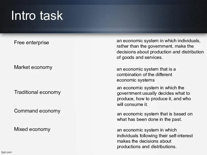 Intro task Free enterprise Market economy Traditional economy Command economy Mixed economy an