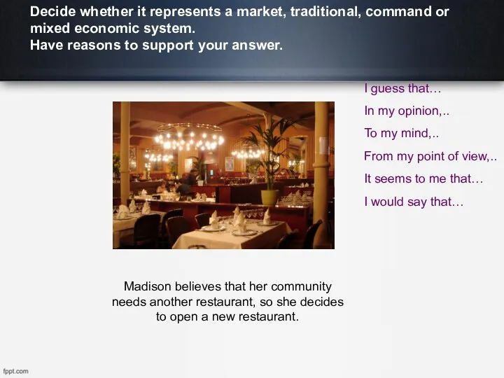 Decide whether it represents a market, traditional, command or mixed
